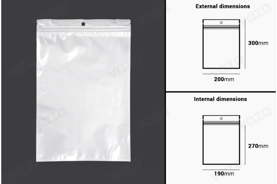 Σακουλάκια πλαστικά με κλείσιμο zip 200x300 mm, λευκή πίσω όψη και διάφανο μπροστά, με τρύπα και δυνατότητα σφράγισης με θερμοκόλληση - 100 τμχ Σακουλάκια πλαστικά με κλείσιμο zip 200x300 mm, λευκή πίσω όψη και διάφανο μπροστά, με τρύπα και δυνατότητα σφράγισης με θερμοκόλληση - 100 τμχ-εικόνα_διαστάσεις