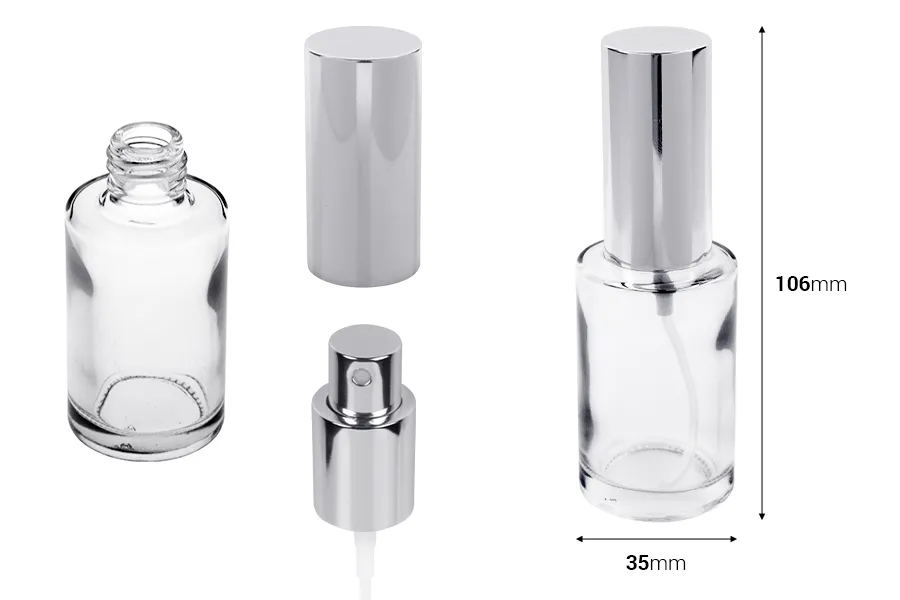 Flacone di profumo da 30 ml (18/415) con spray argento lucido - (ordine minimo: 1 scatola) Flacone di profumo da 30 ml (18/415) con spray argento lucido - (ordine minimo: 1 scatola)