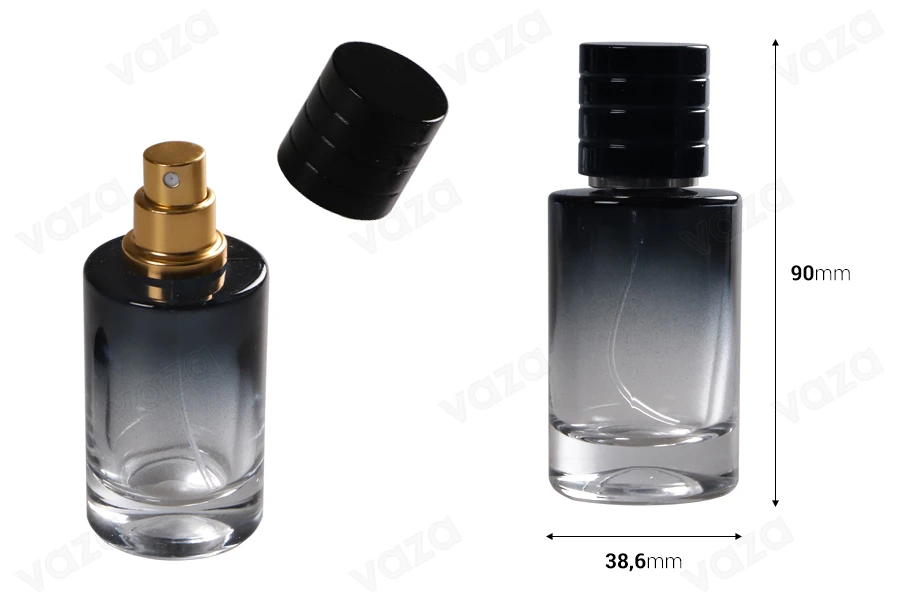 30ml Parfümglasflasche mit Spray und schwarzem Deckel (PP 15) 30ml Parfümglasflasche mit Spray und schwarzem Deckel (PP 15)-bildabmessungen
