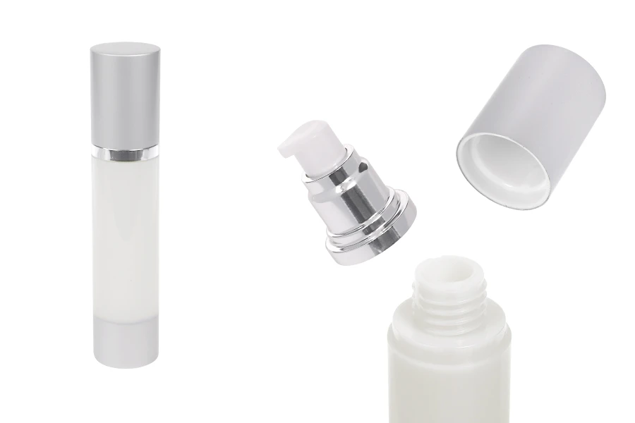 Μπουκάλι airless για κρέμα 50ml με πλαστικό, γαλακτερό σώμα, καπάκι και βάση αλουμινίου σε ασημί χρώμα Μπουκάλι airless για κρέμα 50ml με πλαστικό, γαλακτερό σώμα, καπάκι και βάση αλουμινίου σε ασημί χρώμα