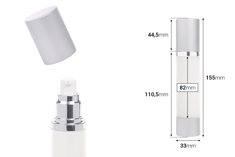 Μπουκάλι airless για κρέμα 50ml με πλαστικό, γαλακτερό σώμα, καπάκι και βάση αλουμινίου σε ασημί χρώμα Μπουκάλι airless για κρέμα 50ml με πλαστικό, γαλακτερό σώμα, καπάκι και βάση αλουμινίου σε ασημί χρώμα
