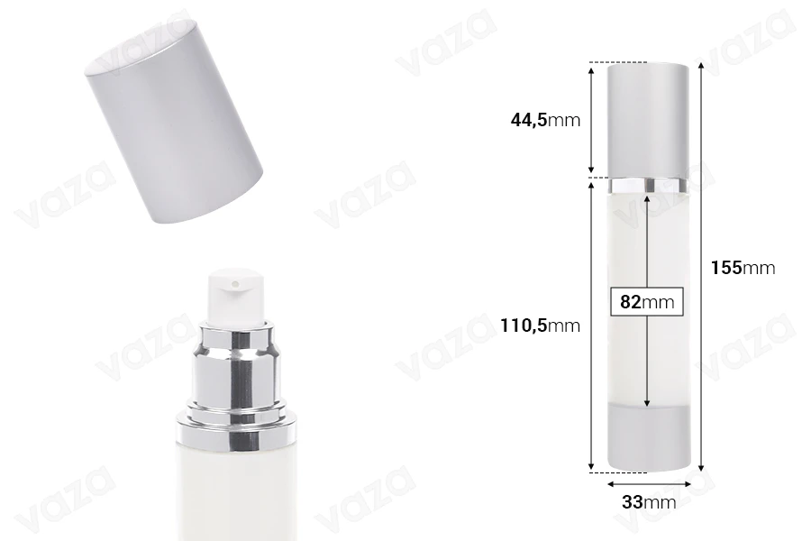 Shishe airless për kremra 50 ml plastike, gjysmë transparente, me kapak dhe fund alumini në ngjyrë argjendi-imazh_dimensione