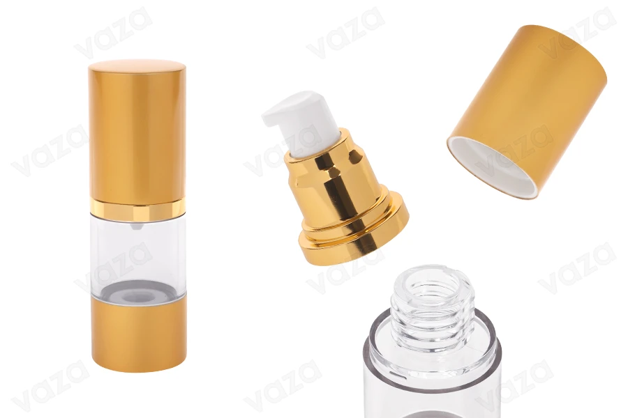 Μπουκάλι airless για κρέμα 15 ml με πλαστικό, διάφανο σώμα, καπάκι και βάση αλουμινίου σε χρυσό ΜΑΤ Μπουκάλι airless για κρέμα 15 ml με πλαστικό, διάφανο σώμα, καπάκι και βάση αλουμινίου σε χρυσό ΜΑΤ-εικόνα_προϊοντική