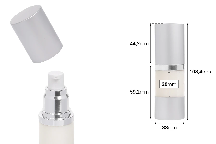 Μπουκάλι airless για κρέμα 15ml με πλαστικό, γαλακτερό σώμα, καπάκι και βάση αλουμινίου σε ασημί χρώμα Μπουκάλι airless για κρέμα 15ml με πλαστικό, γαλακτερό σώμα, καπάκι και βάση αλουμινίου σε ασημί χρώμα