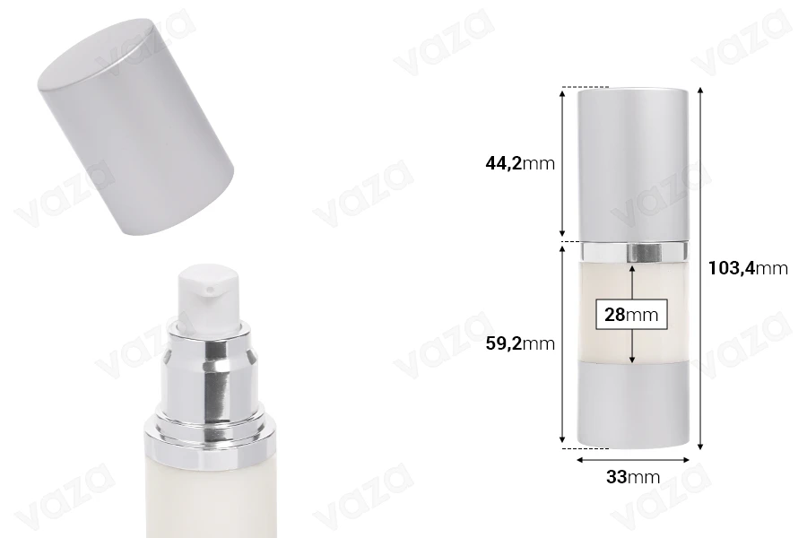 Μπουκάλι airless για κρέμα 15ml με πλαστικό, γαλακτερό σώμα, καπάκι και βάση αλουμινίου σε ασημί χρώμα-εικόνα_διαστάσεις