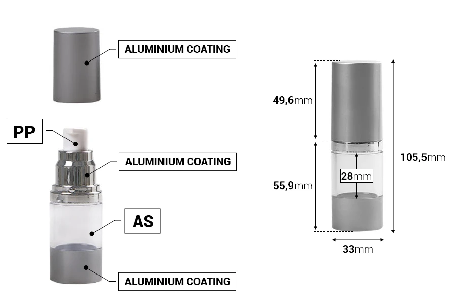 Μπουκάλι airless για κρέμα 15 ml με ακρυλικό διάφανο σώμα και πλαστικό ασημί ματ καπάκι