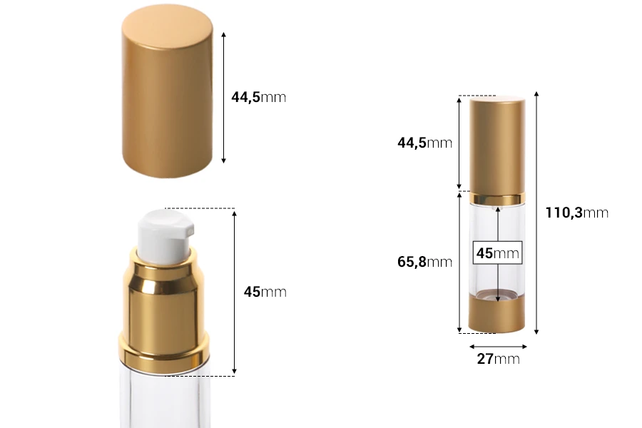 Μπουκάλι airless για κρέμα 15 ml με ακρυλικό διάφανο σώμα και πλαστικό χρυσό ματ καπάκι Μπουκάλι airless για κρέμα 15 ml με ακρυλικό διάφανο σώμα και πλαστικό χρυσό ματ καπάκι