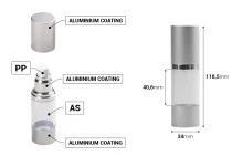 Bottiglia airless da 30 ml per creme, con corpo trasparente in acrilico e tappo in color argento.