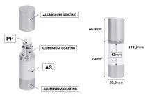 Bottiglia airless da 30 ml per crema con corpo bianco in plastica, con tappo e base in alluminio di colore argento opaco.