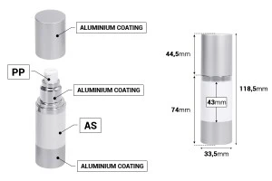 Bottiglia airless da 30 ml per crema con corpo bianco in plastica, con tappo e base in alluminio di colore argento opaco.-2
