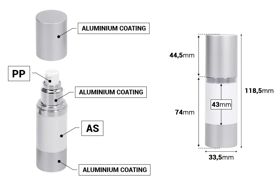 Bottiglia airless da 30 ml per crema con corpo bianco in plastica, con tappo e base in alluminio di colore argento opaco.