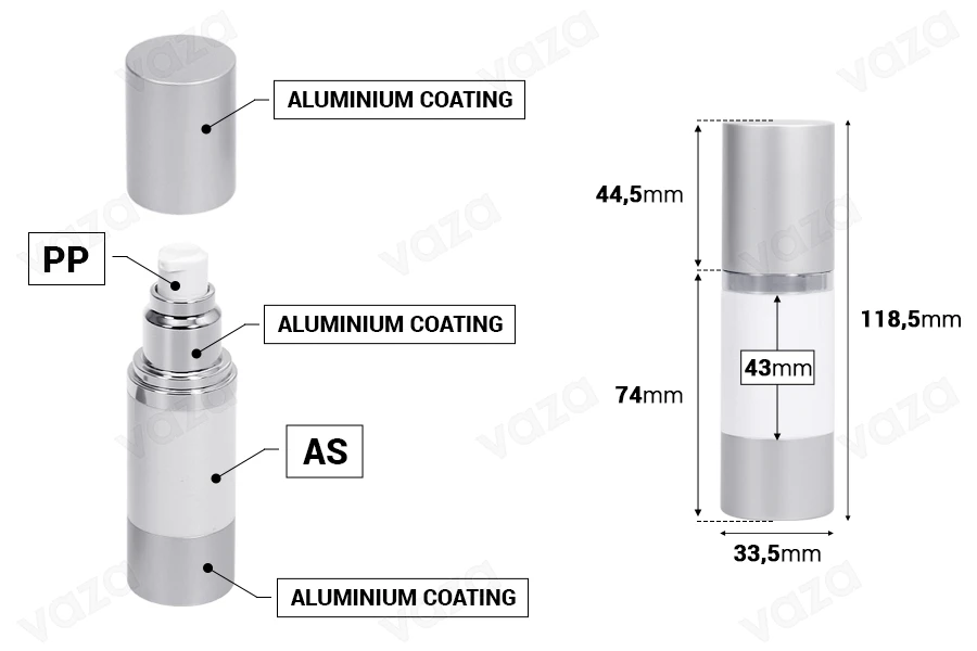 Bottiglia airless da 30 ml per crema con corpo bianco in plastica, con tappo e base in alluminio di colore argento opaco. Bottiglia airless da 30 ml per crema con corpo bianco in plastica, con tappo e base in alluminio di colore argento opaco.-dimensioni_immagine