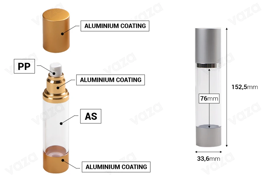 Μπουκάλι airless για κρέμα 50 ml με ακρυλικό, διάφανο σώμα, καπάκι και βάση αλουμινίου σε 2 χρώματα-εικόνα_διαστάσεις