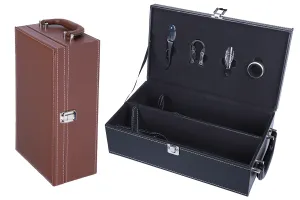 Étui de luxe pour 2 bouteilles de vin avec accessoires et doublure en cuir noir ou marron