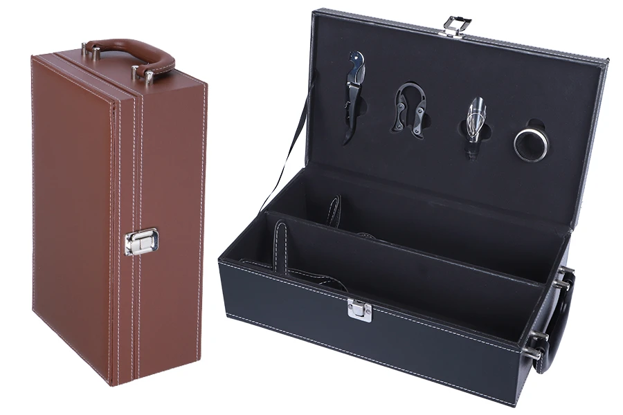 Luxury case for 2 wine bottles with accessories and leather lining in black or brown Luxury case for 2 wine bottles with accessories and leather lining in black or brown