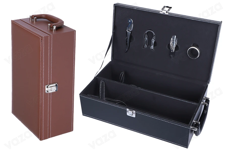 Luxury case for 2 wine bottles with accessories and leather lining in black or brown-image_product