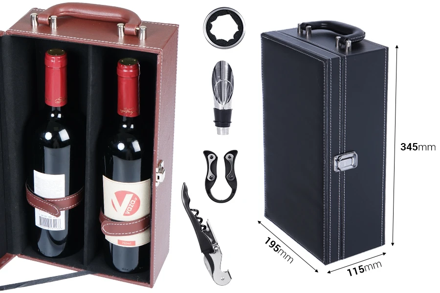 Luxury case for 2 wine bottles with accessories and leather lining in black or brown Luxury case for 2 wine bottles with accessories and leather lining in black or brown