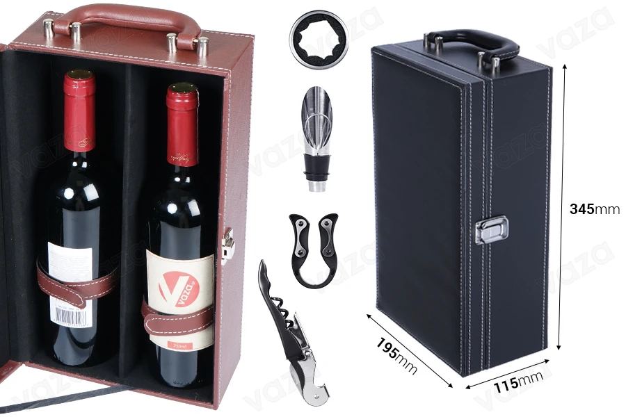 Luxury case for 2 wine bottles with accessories and leather lining in black or brown-image_dimensions