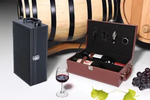 Étui de luxe pour 2 bouteilles de vin avec accessoires et doublure en cuir noir ou marron-3