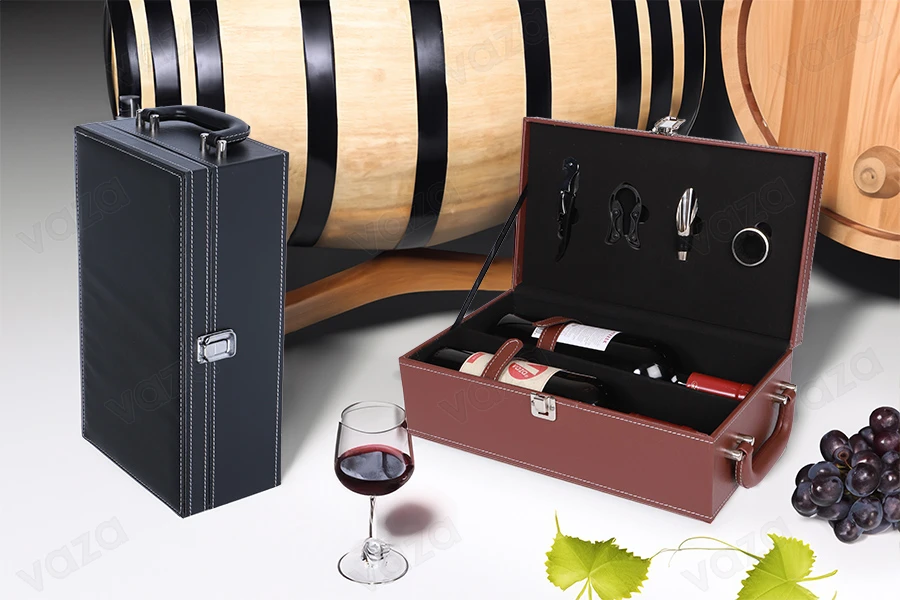 Luxury case for 2 wine bottles with accessories and leather lining in black or brown-image_group