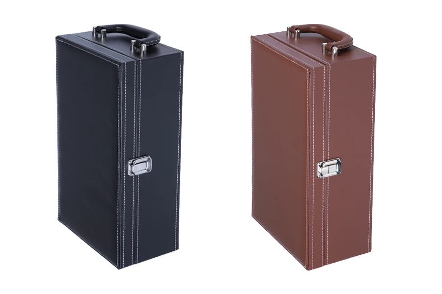 Luxury case for 2 wine bottles with accessories and leather lining in black or brown Luxury case for 2 wine bottles with accessories and leather lining in black or brown