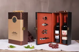 Étui de luxe pour 2 bouteilles de vin avec accessoires et doublure en cuir de couleur or ou marron-3