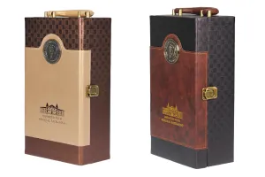 Étui de luxe pour 2 bouteilles de vin avec accessoires et doublure en cuir de couleur or ou marron-5