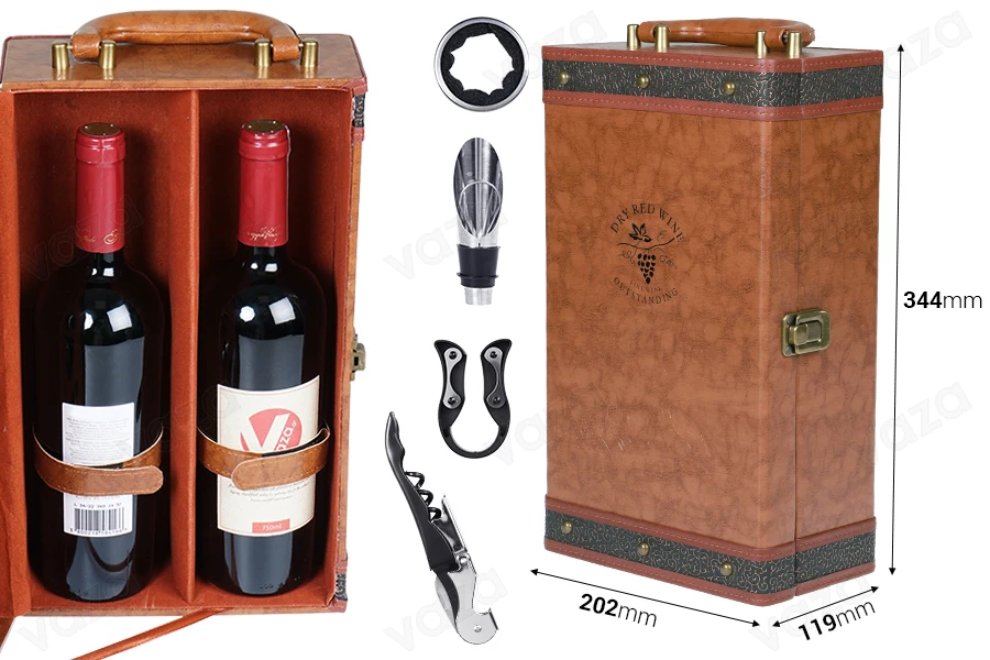 Coffret luxe pour 2 bouteilles de vin avec accessoires de service et doublure en cuir marron-photo_dimensions