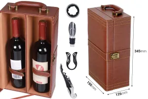 Etui luxe pour 2 bouteilles de vin avec accessoires et doublure en cuir marron-2
