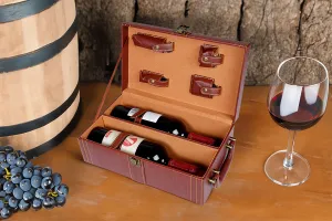Etui luxe pour 2 bouteilles de vin avec accessoires et doublure en cuir marron-3