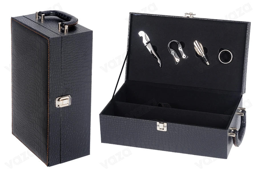 Luxury case for 2 wine bottles with accessories and leather coating in black color-image_product