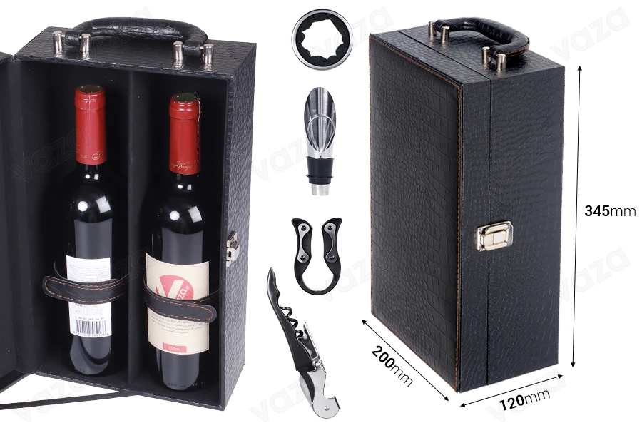 Luxury case for 2 wine bottles with accessories and leather coating in black color-image_dimensions