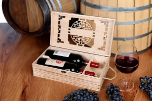 Coffret de rangement en bois pour 2 bouteilles de vin avec poignée en corde-3