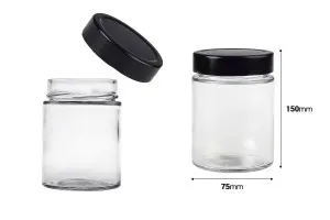 Cylindrical glass jar 280 ml with black lid T.O 70 DEEP-2