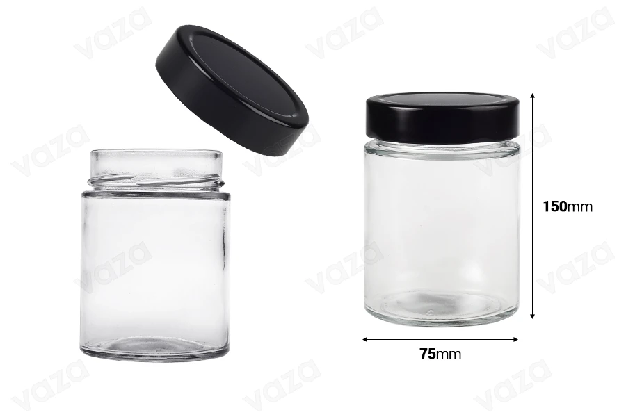 Γυάλινο κυλινδρικό βάζο 280 ml με μαύρο καπάκι Τ.Ο 70 Deep - 105 τμχ-εικόνα_διαστάσεις