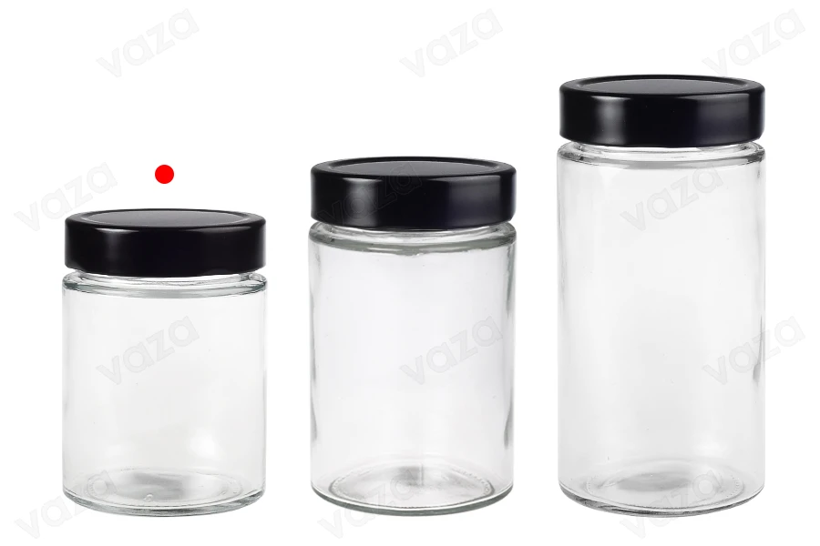 Γυάλινο κυλινδρικό βάζο 280 ml με μαύρο καπάκι Τ.Ο 70 Deep - 105 τμχ-εικόνα_σύνθεση