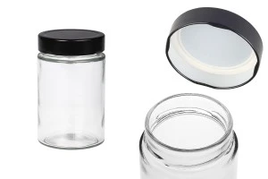 Zylindrisches Glasgefäß 380 ml mit schwarzem Deckel T.O 70 TIEFE-1