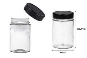 Zylindrisches Glasgefäß 380 ml mit schwarzem Deckel T.O 70 TIEFE-2