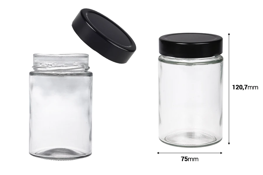 Γυάλινο κυλινδρικό βάζο 380 ml με μαύρο καπάκι Τ.Ο 70 Deep - 72 τμχ Γυάλινο κυλινδρικό βάζο 380 ml με μαύρο καπάκι Τ.Ο 70 Deep - 72 τμχ