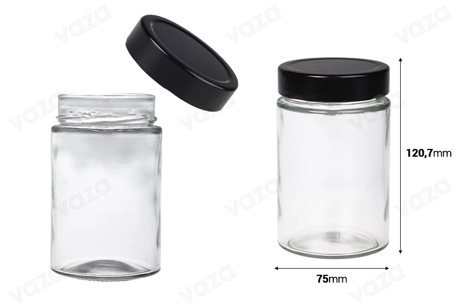 Γυάλινο κυλινδρικό βάζο 380 ml με μαύρο καπάκι Τ.Ο 70 Deep - 72 τμχ-εικόνα_διαστάσεις