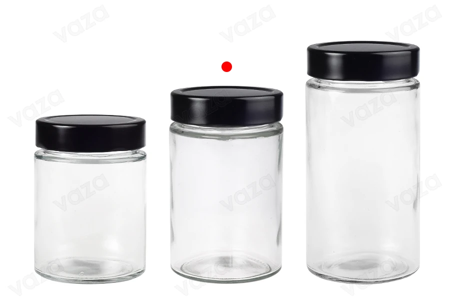 Γυάλινο κυλινδρικό βάζο 380 ml με μαύρο καπάκι Τ.Ο 70 Deep - 72 τμχ-εικόνα_σύνθεση