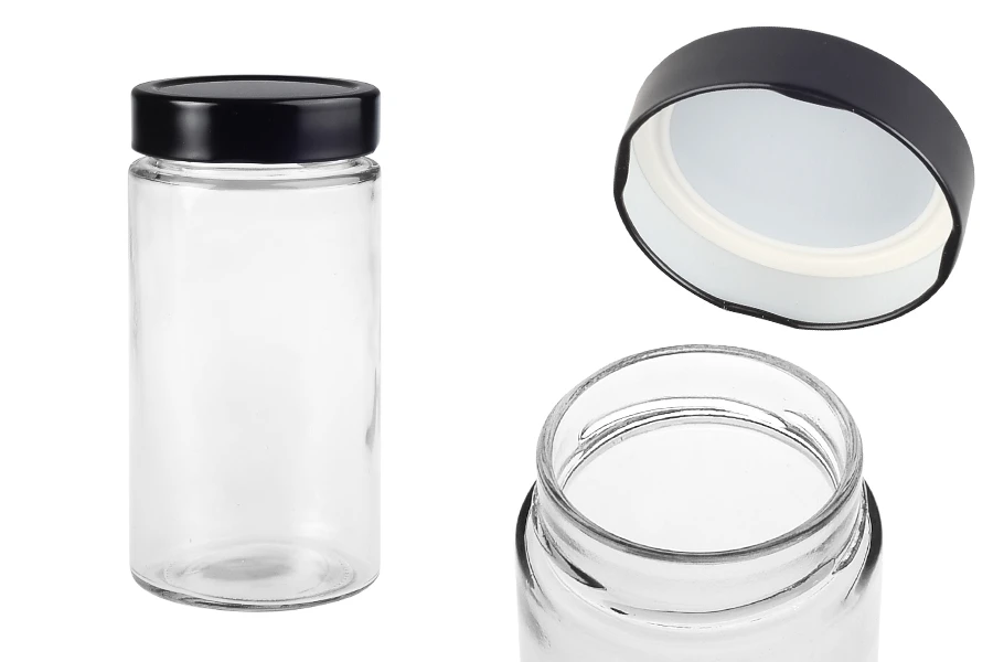 Zylindrisches Glasgefäß 500 ml mit schwarzem Deckel T.O 70 TIEFE Zylindrisches Glasgefäß 500 ml mit schwarzem Deckel T.O 70 TIEFE