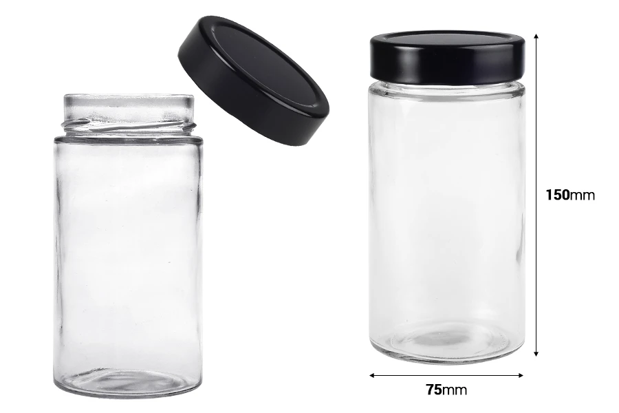 Zylindrisches Glasgefäß 500 ml mit schwarzem Deckel T.O 70 TIEFE Zylindrisches Glasgefäß 500 ml mit schwarzem Deckel T.O 70 TIEFE