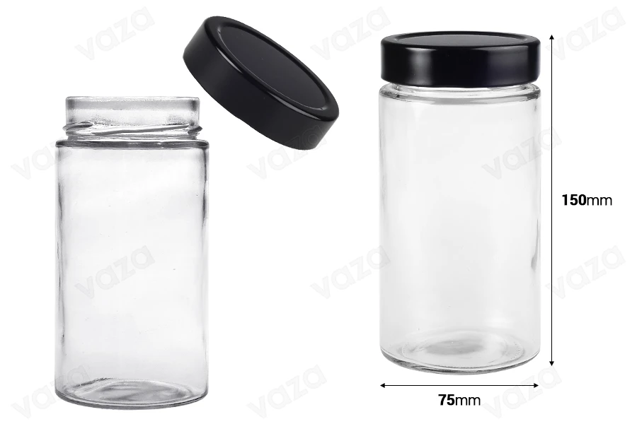 Vaso cilindrico in vetro da 500 ml con coperchio nero T.O 70 DEEP Vaso cilindrico in vetro da 500 ml con coperchio nero T.O 70 DEEP-εικόνα_διαστάσεις