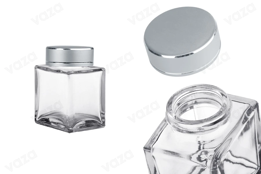 Γυάλινο βάζο 100 ml πολυτελείας με ασημί ματ καπάκι και ασημί ρίγα - 6 τμχ Γυάλινο βάζο 100 ml πολυτελείας με ασημί ματ καπάκι και ασημί ρίγα - 6 τμχ-εικόνα_προϊοντική