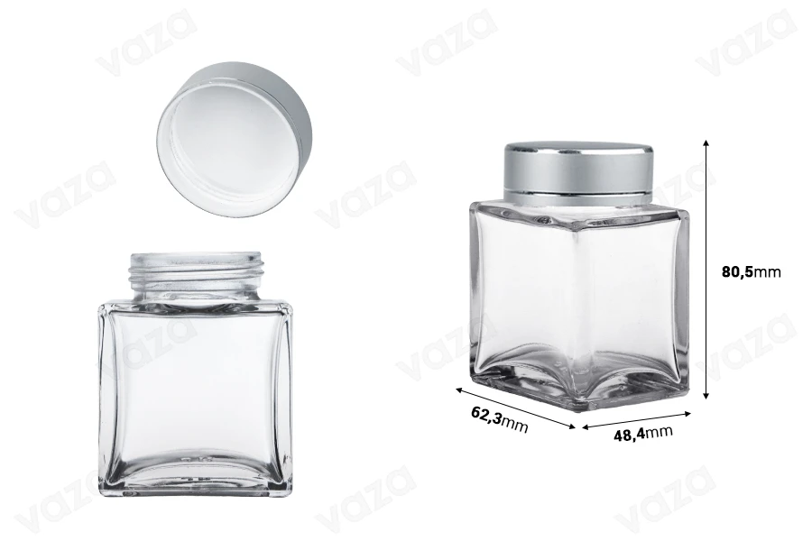 Γυάλινο βάζο 100 ml πολυτελείας με ασημί ματ καπάκι και ασημί ρίγα - 6 τμχ Γυάλινο βάζο 100 ml πολυτελείας με ασημί ματ καπάκι και ασημί ρίγα - 6 τμχ-εικόνα_διαστάσεις
