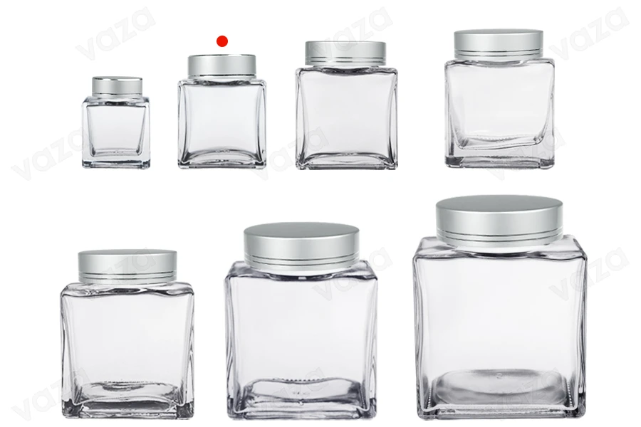 Γυάλινο βάζο 100 ml πολυτελείας με ασημί ματ καπάκι και ασημί ρίγα - 6 τμχ Γυάλινο βάζο 100 ml πολυτελείας με ασημί ματ καπάκι και ασημί ρίγα - 6 τμχ-εικόνα_σύνθεση