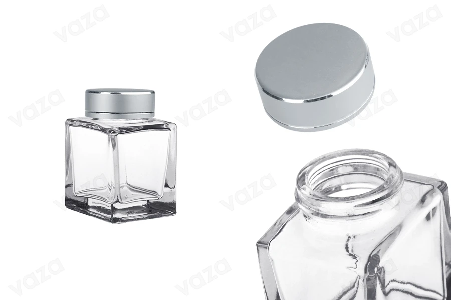 Luxuriöses Glasgefäß 50ml mit silbermattem Deckel und silbernem Streifen – 6 Stück-produktbild