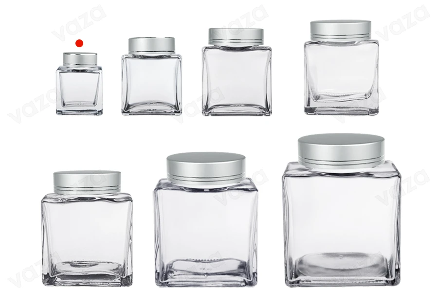 Luxuriöses Glasgefäß 50ml mit silbermattem Deckel und silbernem Streifen – 6 Stück-bildgruppe