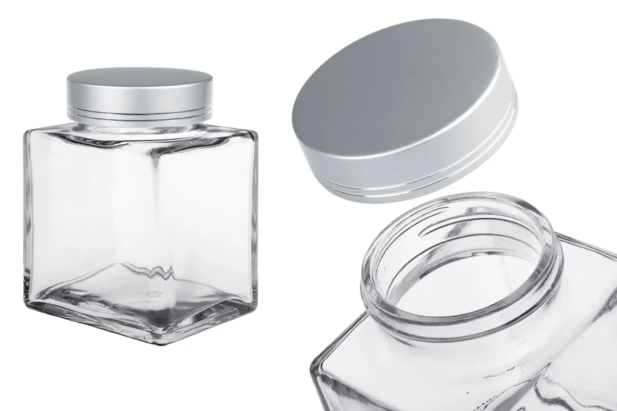 Pot en verre de luxe 500 ml avec couvercle argenté mat et bande argentée - 6 pcs